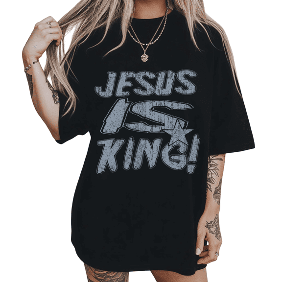 Vintage Distressed Jesus King Print Womens Black Short Sleeve T-Shirt Oversized Tops