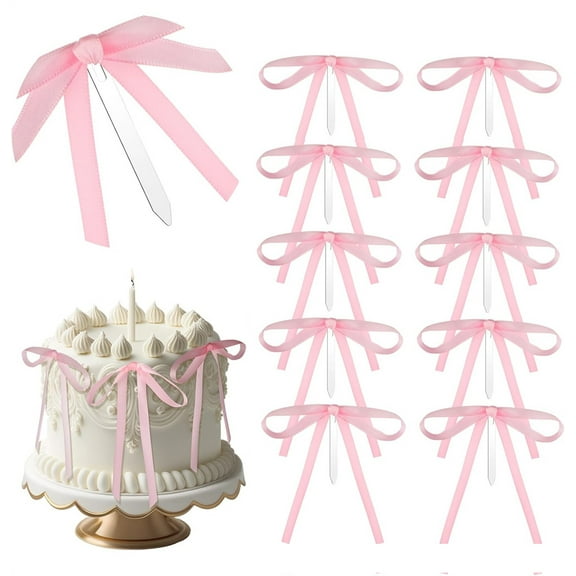 NOGIS 10 Pcs Pink Bow Ribbon Cake Toppers 3 x 5 Inches Satin Bowknot Cake Toppers Coquette Birthday Party Cake Decorations for Wedding Bridal Baby Shower Bachelorette Party Supplies