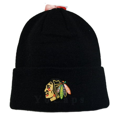 Logo Knit Cap - Authentic NHL Chicago Blackhawks Logo Classic Black Cuffed Knit Beanie Cap Hat