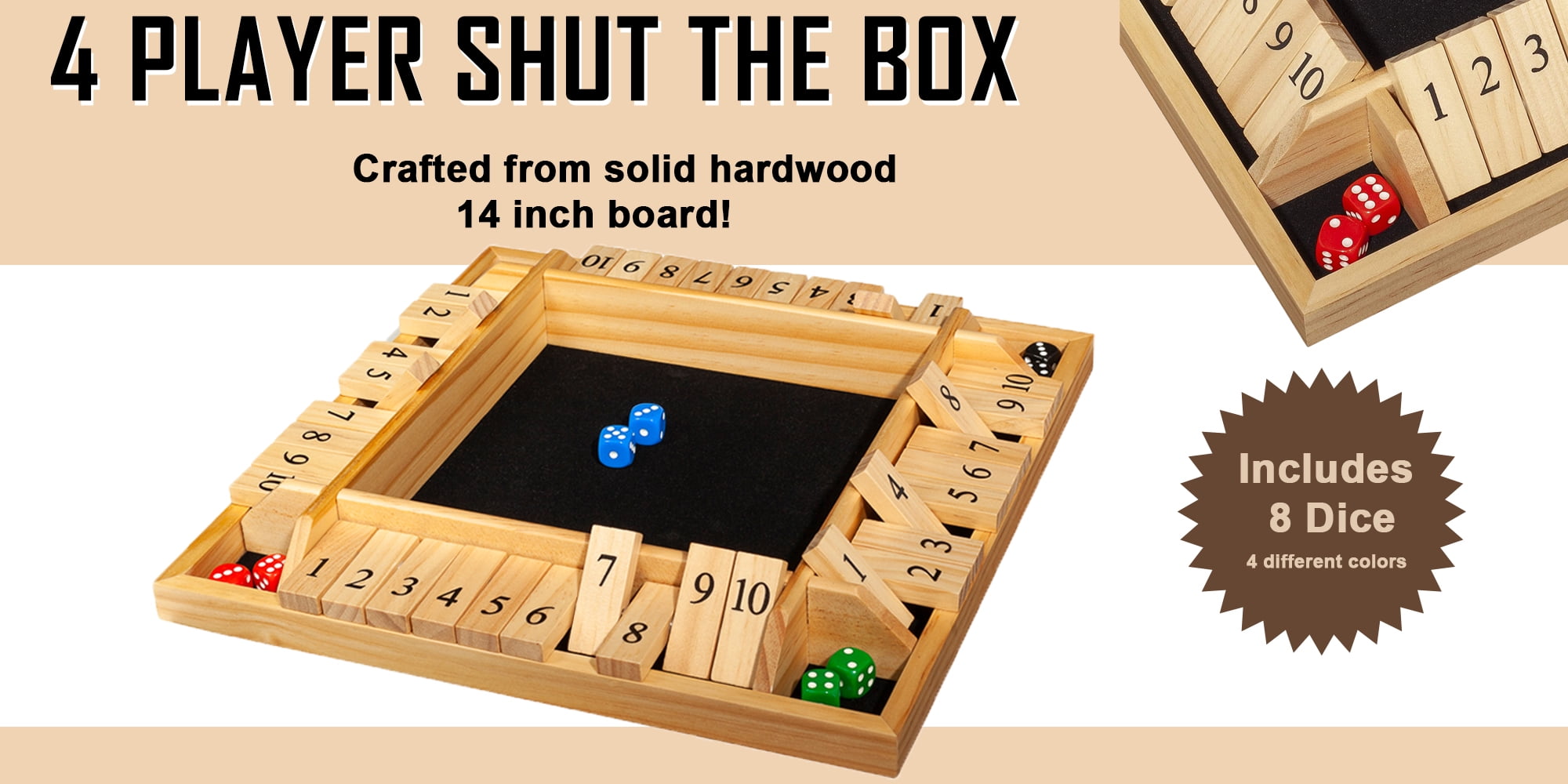 We Games 4 Player Shut The Box Jogo de tabuleiro de dados com tampa -  Madeira manchada