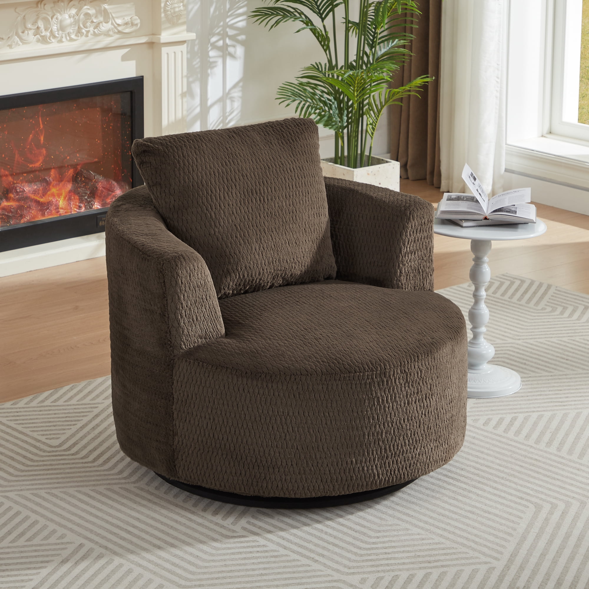 Swivel Accent Chair,360° Barrel Accent Chair,Modern Faux Fur Armchair for Living Room,Office,Apartment,Dark Brown
