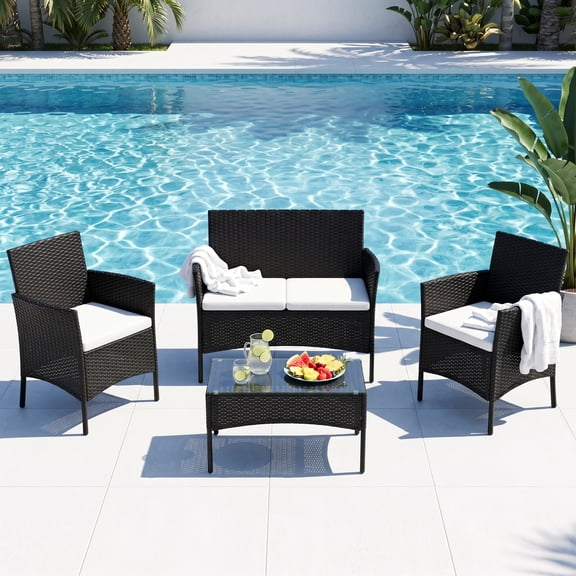 Ktaxon 3 Pcs Outdoor Rattan Patio Chat Set with Table Backyard Garden Furniture Brown With Cushions