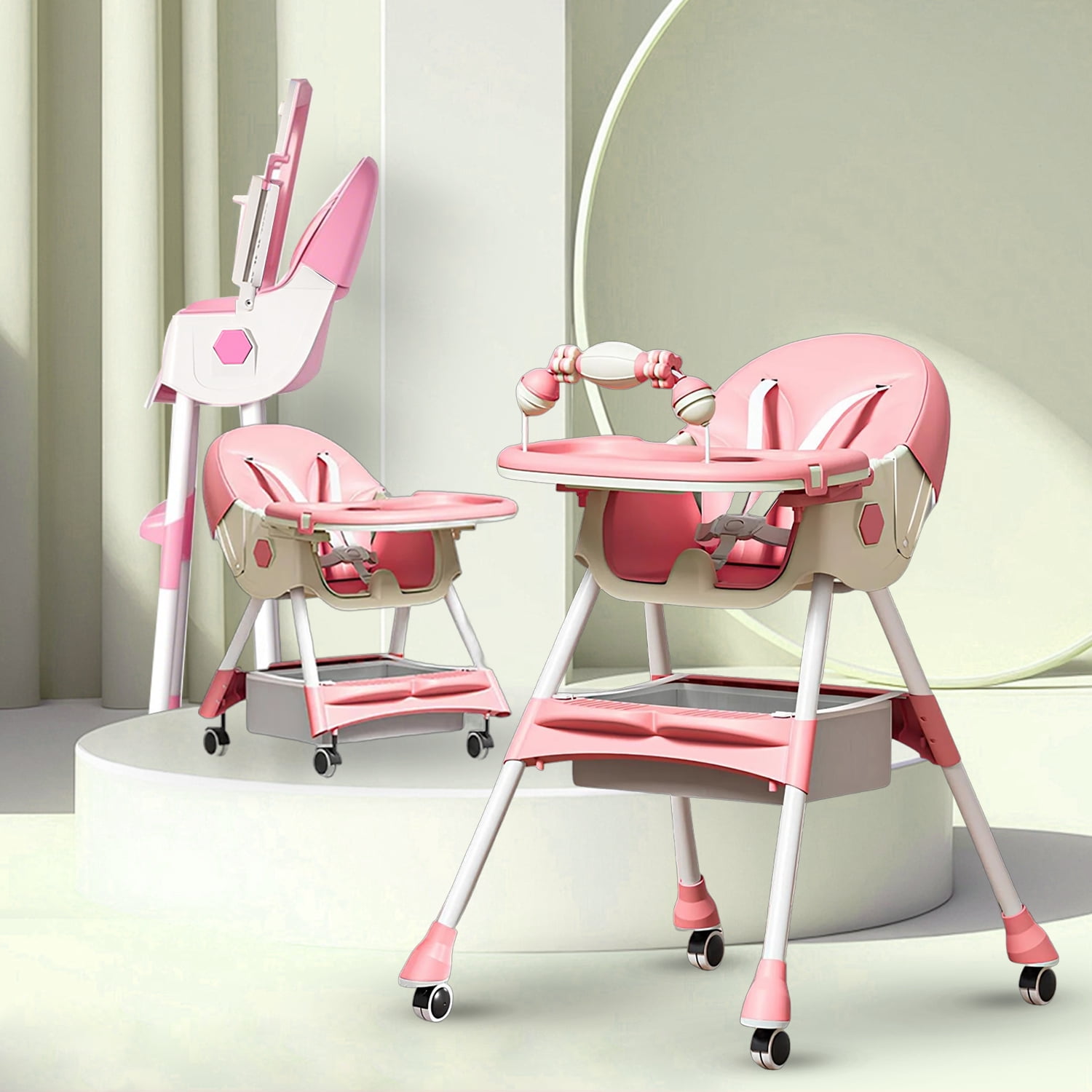 HDUTNGISN 4-in-1 Baby High Chair,Foldable Highchair Dining Feeding Chair with 5-Point Harness Double Dining Plate & Toy Rack,Infant to Toddler,Pink