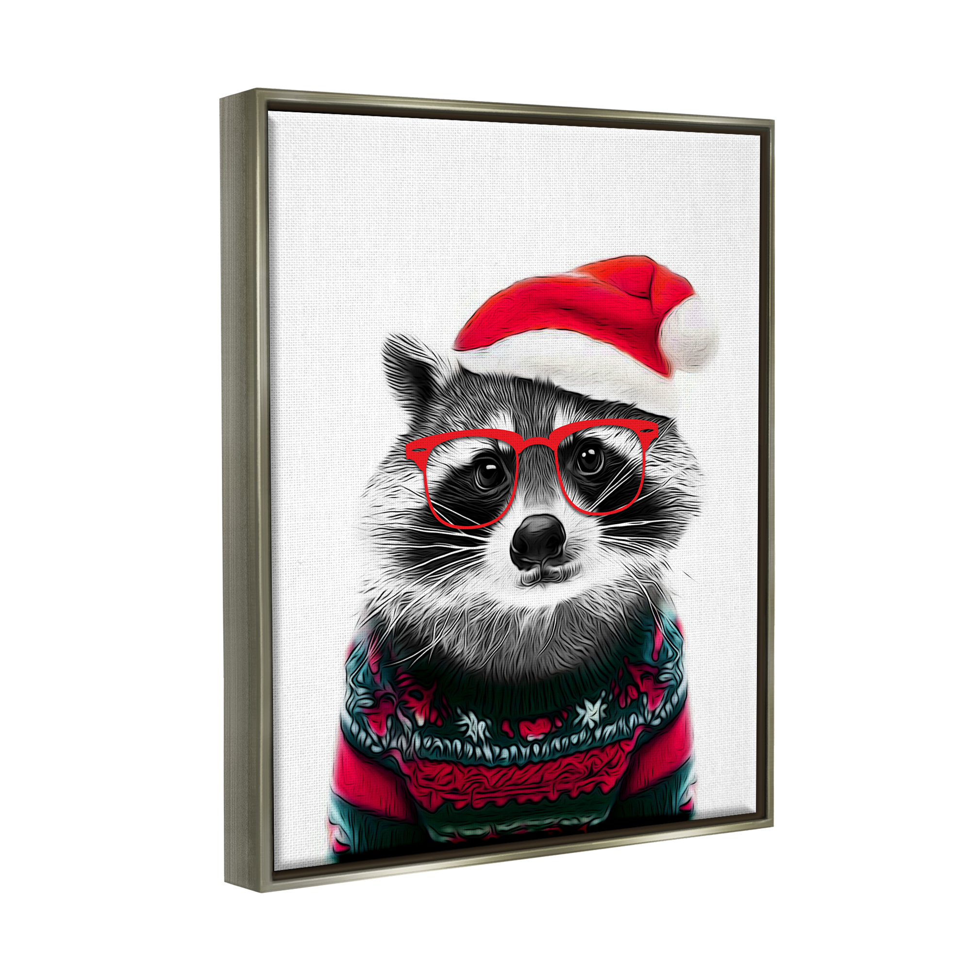 Stupell Industries Raccoon in Holiday Sweater Holiday Painting Gray Floater Framed Canvas Art Print Wall Art, 25 x 31