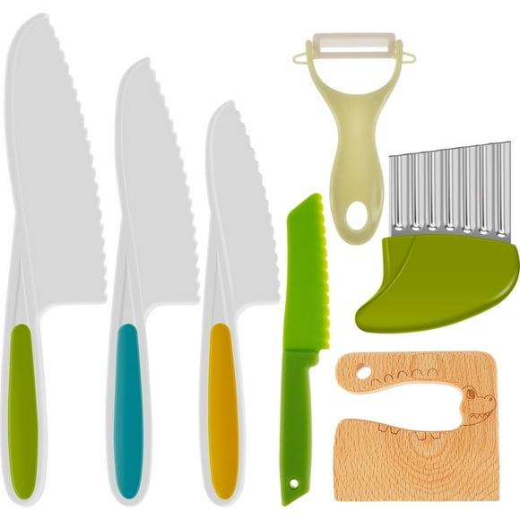 Jetcloudlive Couteau de Cuisine pour Enfants en Bois 7 Pcs, Ensemble de Couteaux Sécuritaires en Plastique Incluant Couteau Sécuritaire pour Enfants en Bois, Couteau pour Tout-Petit en Plastique à Bords Dentelés, Trancheuses à Pommes de Terre en Plastique, Coupe-Sandwich, Éplucheur Y