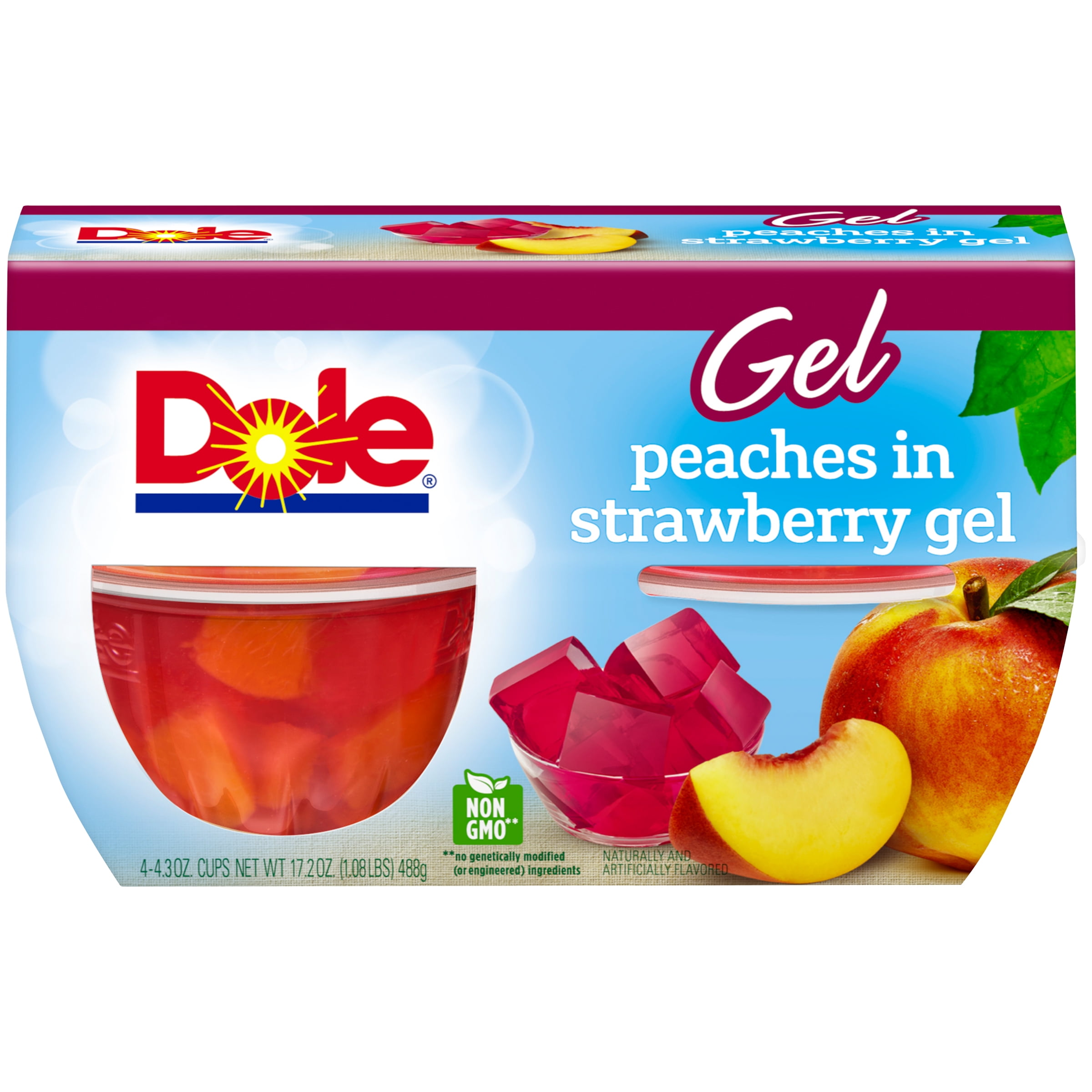 Dole Fruit Bowls Peaches in Strawberry Gel, 4.3 Oz Bowls, 4 Cups of