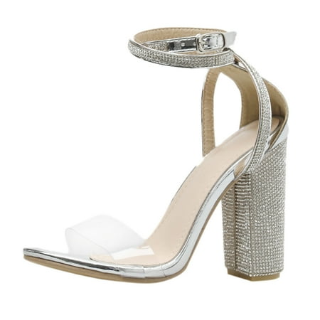 

Cathalem High Rhinestone Strip Toe Womens Breathable Heel Sandals Open Buckle One Shoes Women s high heels Silver 38