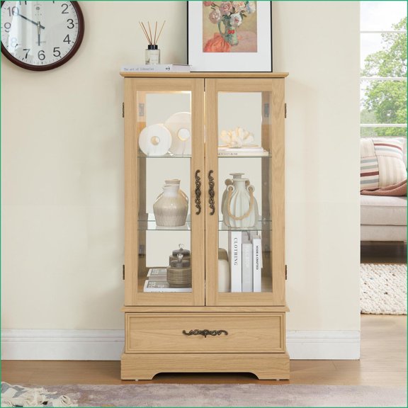 Curio Cabinet, Lighted Glass Display with Adjustable Shelves, 2 Doors & 1 Drawer, Anti-Tip, Oak | MDF Glass | Bulb Included