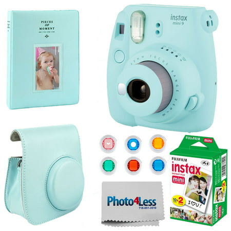 FUJIFILM INSTAX Mini 9 Instant Film Camera (Ice Blue) + Photo Album + Fujifilm Instax Mini Film Twin Pack - (20 Shots) + Fuji Case with Strap + 6 Colored Lens Filters + Photo4Less Cleaning Cloth
