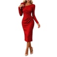 thumbnail image 2 of Blmnix Elegant Dresses Women Dress Tea Party Bandage Bodycon Dress Boat Neck Cocktail-Length Long Sleeve Red Adjustable Waist Summer Dresses XXL, 2 of 5