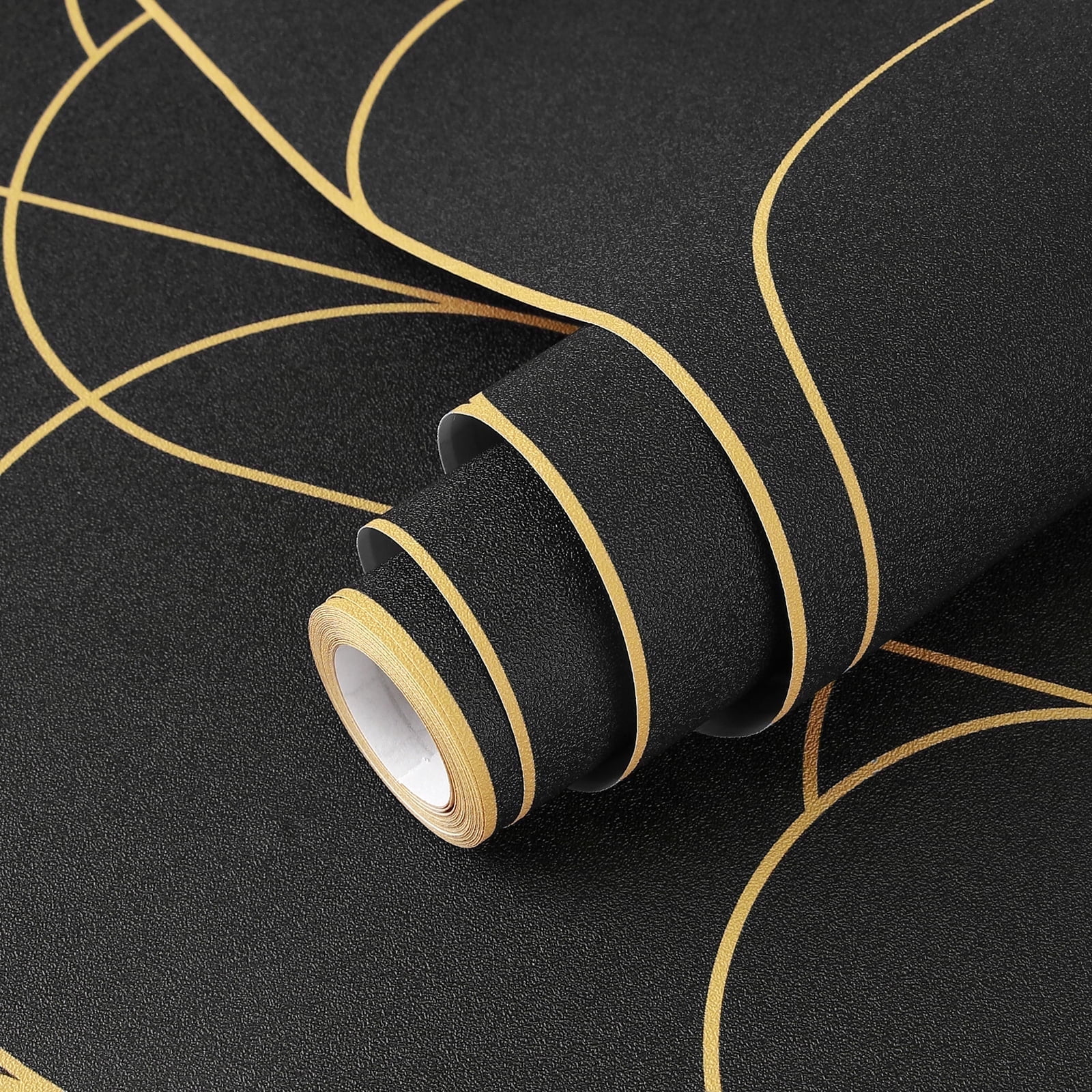 (4 pack) Abyssaly Black Peel and Stick Wallpaper Strip Line Contact Paper 17.7" x 78.7" Black/Gold Geometric Self-Adhesive Removable Vinyl Wallpaper for Bedroom