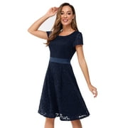 Salezone Short Sleeve A-Line Lace Dress for Women Knee-Length Wedding Formal Cocktail Party Dress