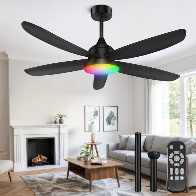 OUTON Ventilateur de Plafond 42 Pouces avec Lumière - Ventilateur de Plafond Moderne à 5 Pales pour Salon et Chambre - Moteur CC Silencieux - Lumière de Ventilateur à Intensité Réglable - Noir
