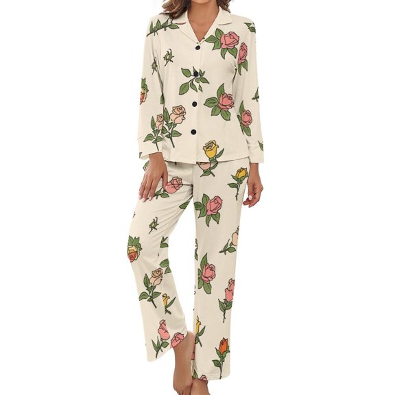 Rose Pattern Women's Long Sleeve Flannel Pajama Set Sleepwear S