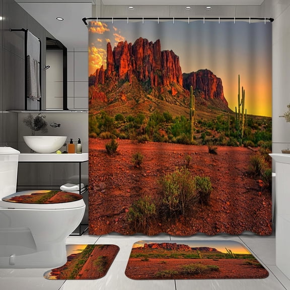 Yellow 4 Pcs Shower Curtain Sets with Rugs, Forest Bathroom Sets with Shower Curtain and Rugs, Flowers Bathroom Decor