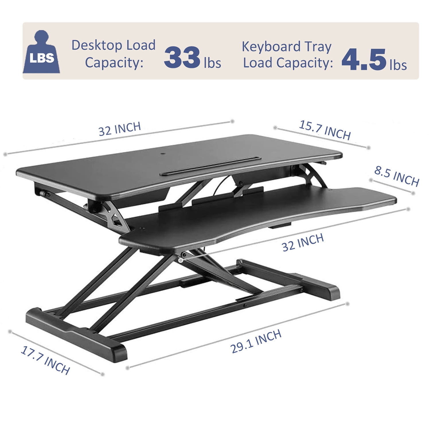 VUNNAX Stand Up Desk Riser, 32 Inch Height Adjustable Sit to Stand Riser, Dual Monitor and Laptop Workstation with Wide Keyboard Tray