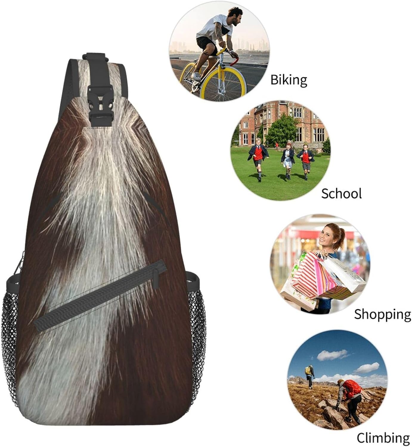 Cowhide Brown Pattern Sling Bag Crossbody Hiking Travel Chest Bags Backpack Shoulder Daypack for Women Men