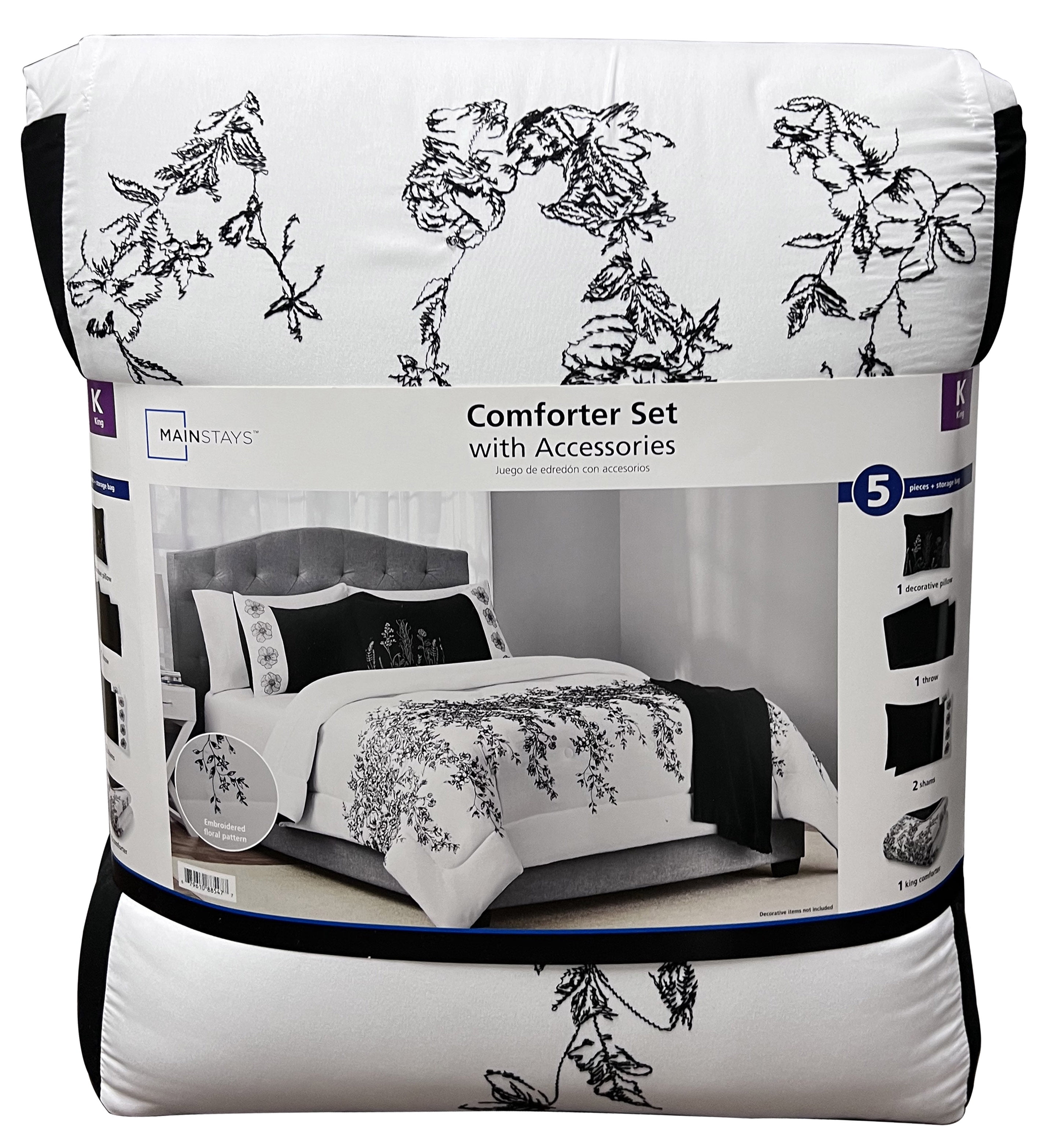 Mainstays 5-Piece Black and White Embroidered Floral Comforter Set, King