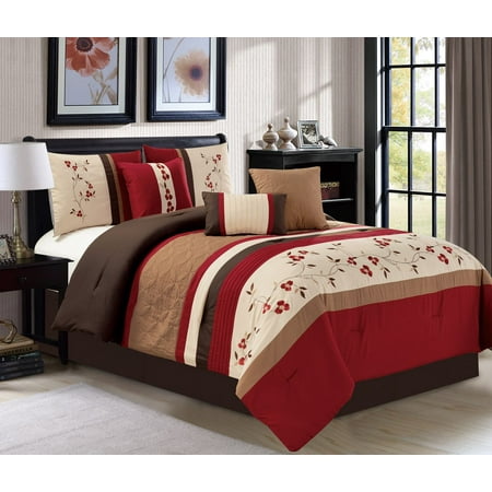 7 Piece Embroidered Cherry Blossom Burgundy Taupe Ivory Comforter