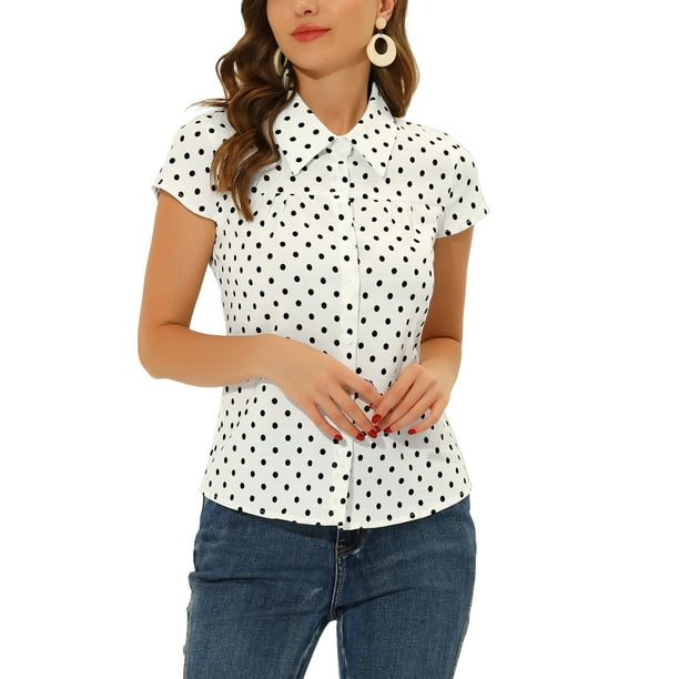 CAMISAS DE MUJER VINTAGE DE MANGA CORTA CON BOTONES Y PUNTOS POLKA 3XL BLANCA