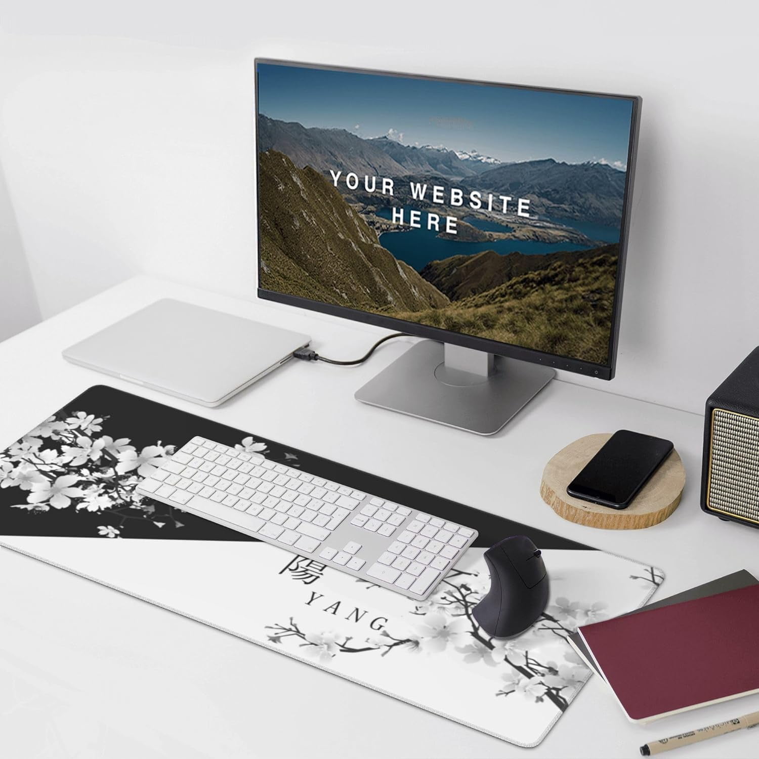 Large Gaming Mouse Pad Japanese Black White Cherry Blossom Mouse Pad with Stitched Edges & Nonslip Rubber Base Extended XXL Long Mousepad Big Desk Mat for Company Office Work, 35.4 x 15.7 in