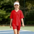 thumbnail image 5 of Atogsazn Girls Summer 2 Piece Sport Clothes Set Kids V Neck Short Sleeve T-shirt & Biker Shorts Outfit Gym Tops Red 6-7 Years Fashion, 5 of 7