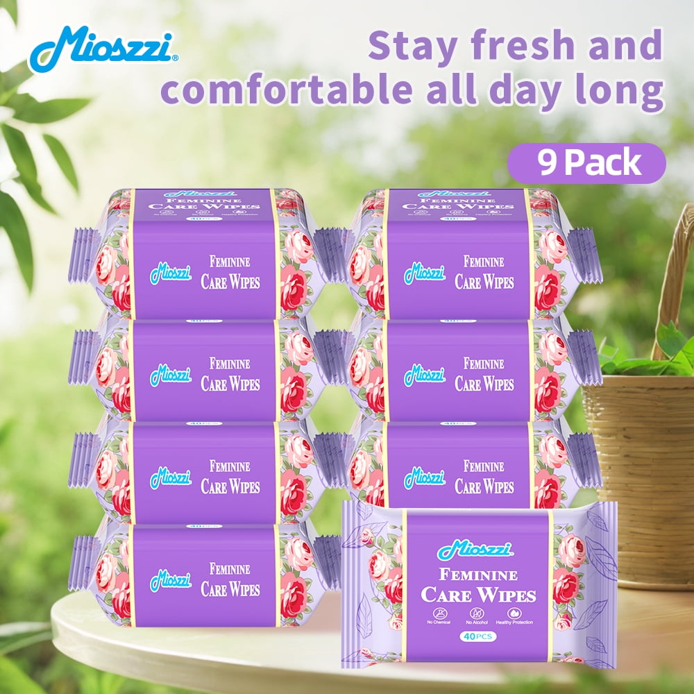 Mioszzi Feminine Cleansing Wipes, Alcohol-Free Gentle Daily Care, 9 Packs, 360 Total Count