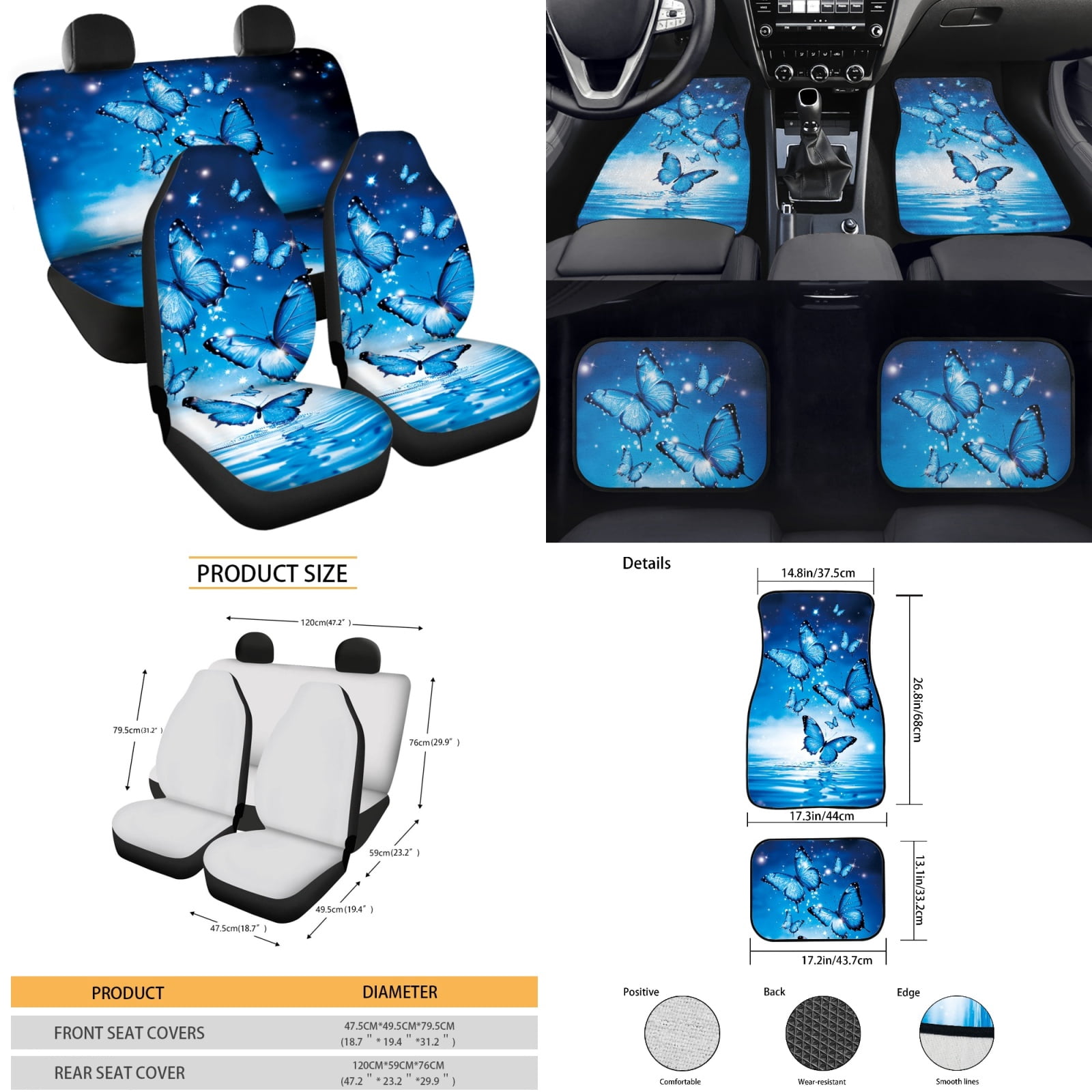 Yuyamidu 15pcs Blue Butterfly Car Seat Cover Split Cover Fashion Car Floor Mats Steering Wheel Cover Seatbelt Pads Auto Handbrake Cover Set Cup Coasters