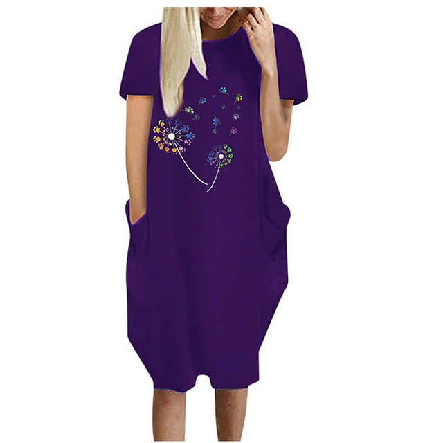Vestido suelto de manga corta informal con estampado de verano para mujer con bolsillo y cuello redondo Fridja qw3427