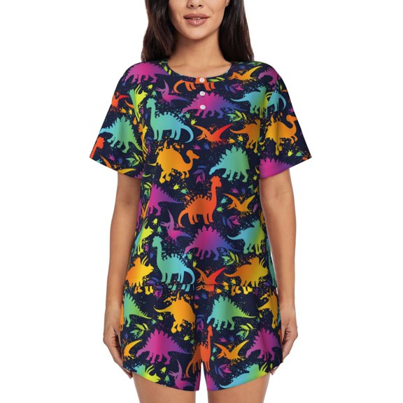 Kdxio Colorful Dinosaur Print Pajamas Sets for Women Short-Sleeved Pjs with Lounge Shorts Two Piece Sleepwear S-4XL