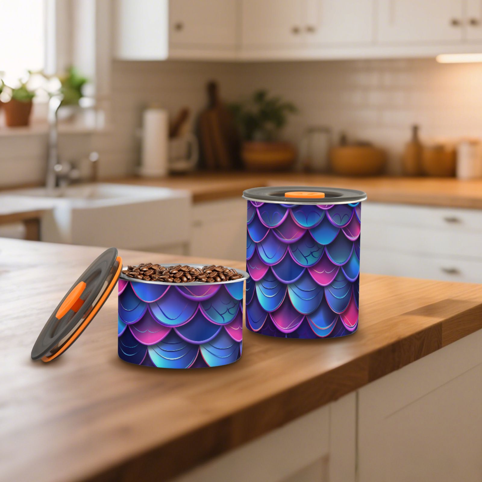 Gradient Mermaid Print Neno Airtight Coffee Bean Canister 30oz Food Storage Containers with Lids For Gournd, Tea, Sugar, Flour, Rice, Cereal, Candy Cookie Jar