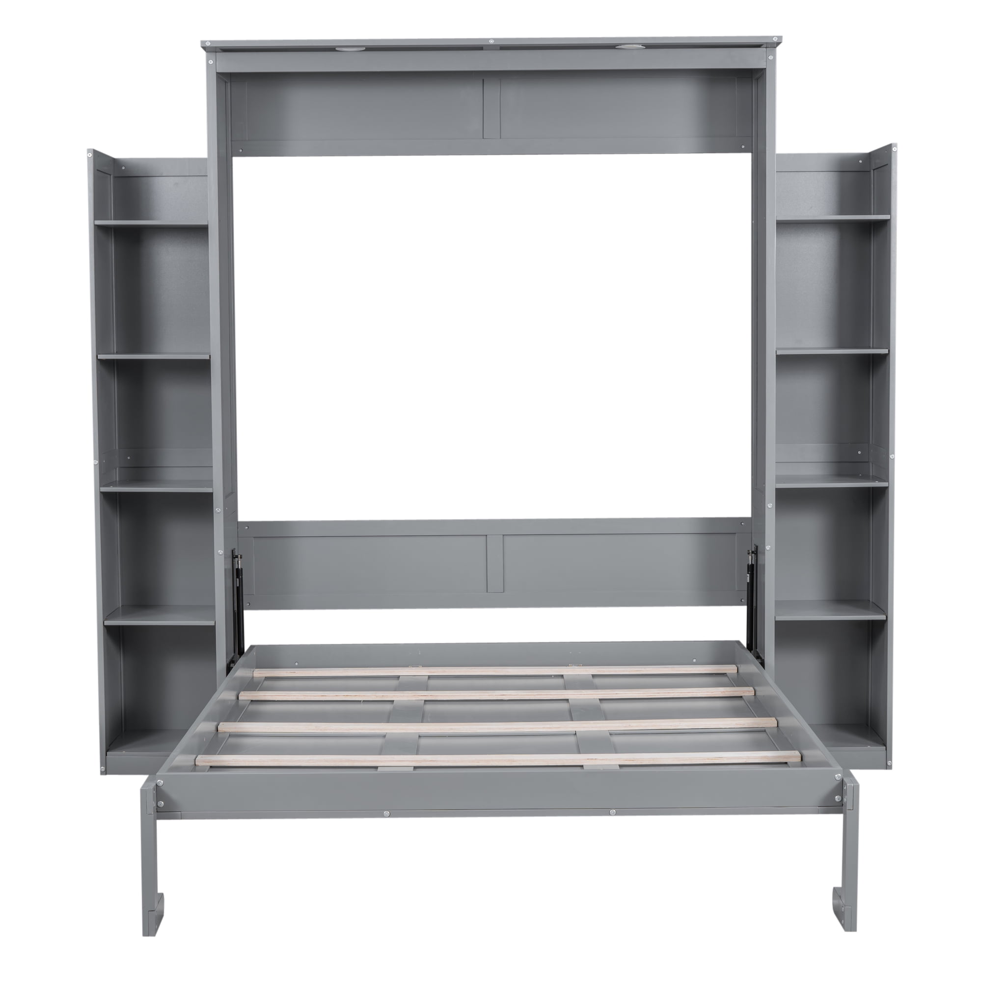 Mintazer Queen Size Murphy Bed with Side Bookcases & LED Lights, Folding Wall Cabinet Bed with Storage for Guest Room Home Office Apartment, Grey