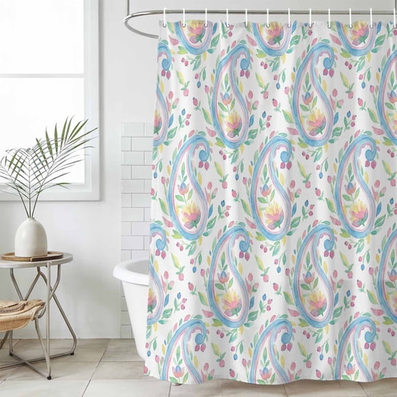Bathroom Shower Curtain Boho Pink Blue Flower Waterproof Shower Curtains with Hooks, Watercolor Paisley Floral Texture Bath Curtains Bathtub Curtain Home Decor 36x72in