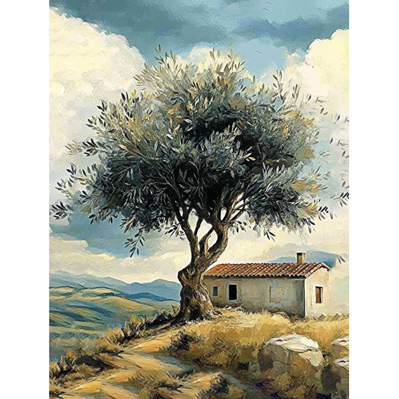 Olive Tree and House Landscape Canvas Painting,Suitable for Living Room, Bedroom, Dining Room, Office, and Hallway Decoration.