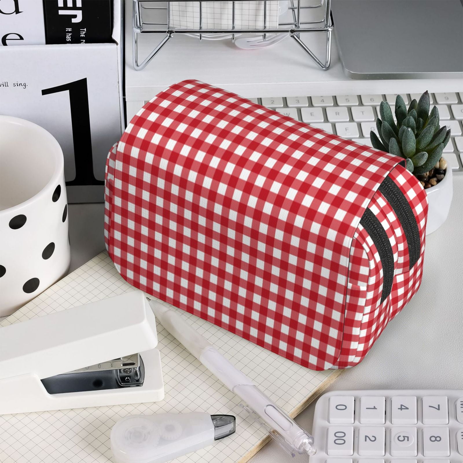 Rateoe Red Checkboard Pattern Double Clamshell Pen Case, Storage Organizer with Two Zipper Compartments– Holds Up to 50 Pencils & Pens