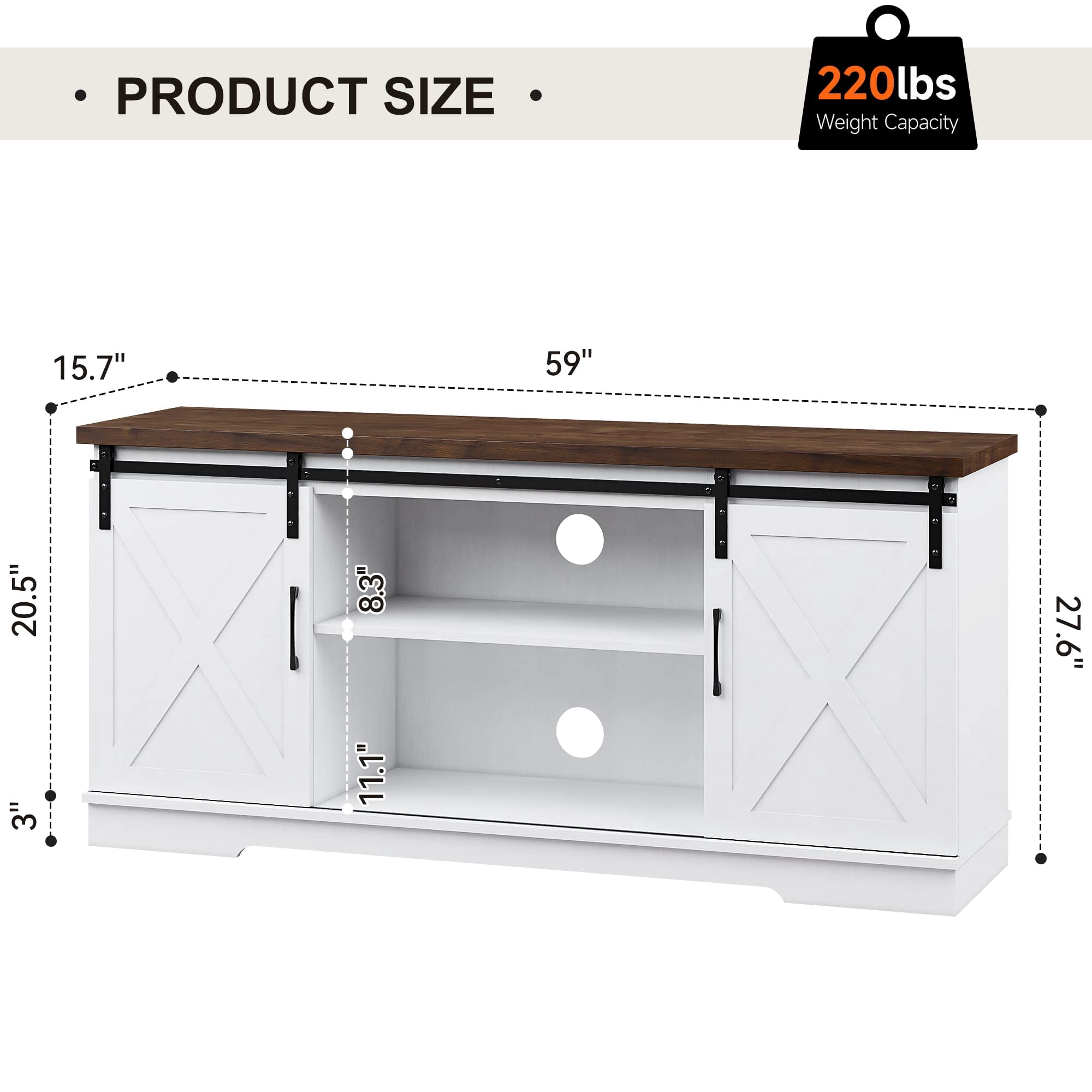 DSstyles Farmhouse Sliding Barn Door TV Stand for 65 inch TV, White Entertainment Center, 58 inch TV Console Table, Home Living Room Wood TV Stand with Movable Shelf