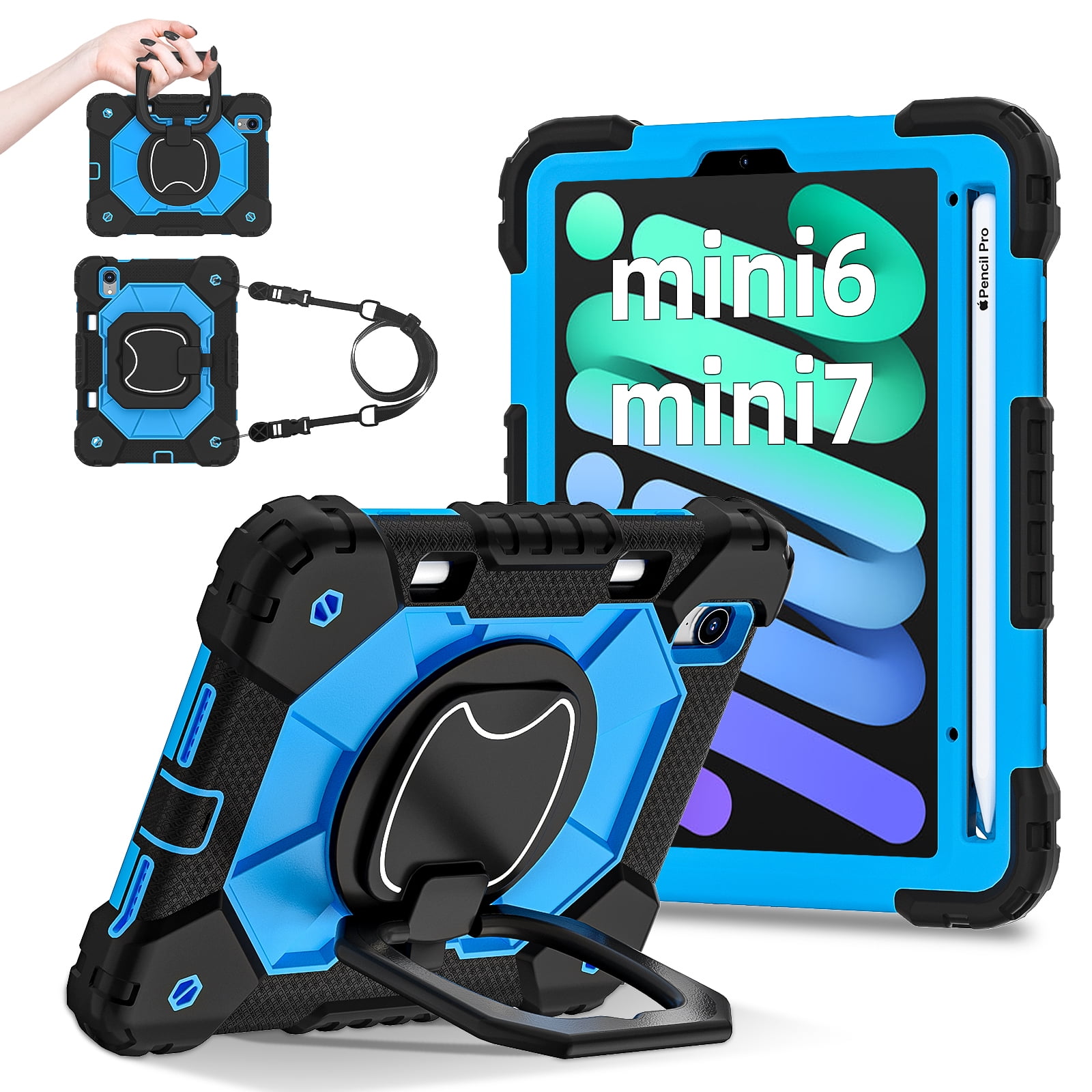 Dteck with Pencil Holder Case for mini A17 Pro 2024,iPad mini 6th Generation 8.3 inch Heavy Duty Silicone Case 360 Degree Rotating Handle Stand Cover with Shoulder Strap,Black+Blue