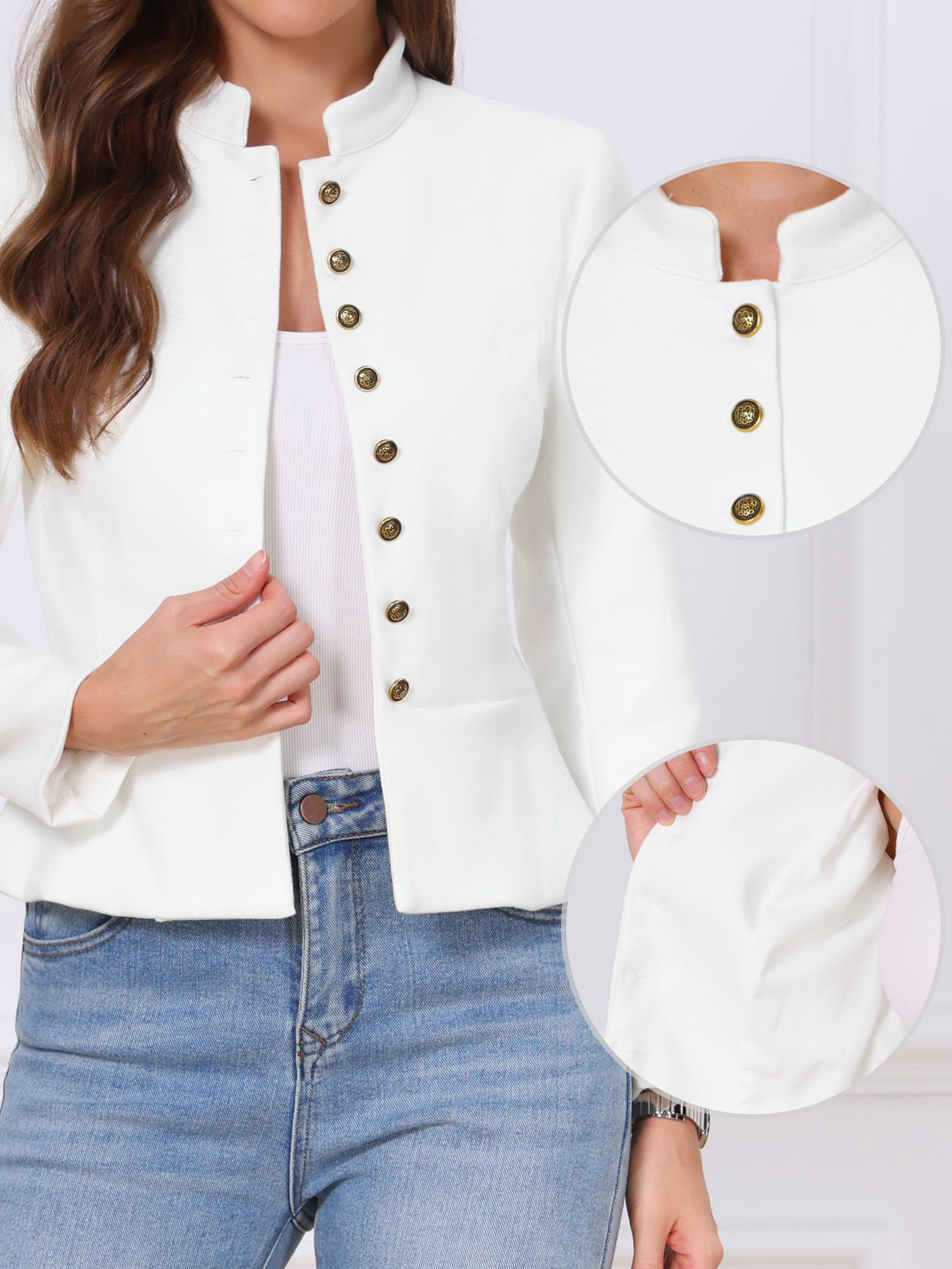 DARING DIVA Women's Blazer Classic Button Stand Collar Blazer S Cream White