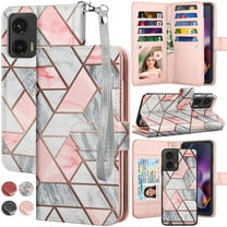 For Moto G Stylus 5G 2024 Case, Motorola Moto G Stylus 5G 2024 Leather Wallet Case with Card Holder and Lanyard for Women Men, eBizWare Magnetic Flip Detachable Phone Cover - Marble Pink