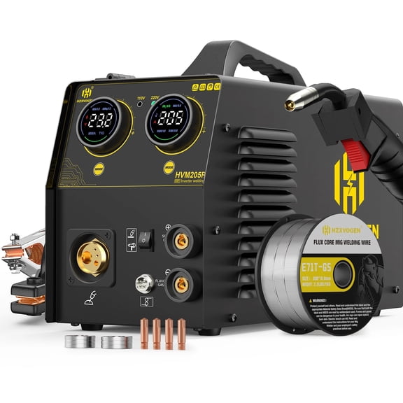 H HZXVOGEN 205A 5-in-1 MIG Welder, Gas/Gasless MIG, Stick, Lift TIG, Spool Gun Ready, 110V/220V Synergic Aluminum Welder (HVM205P)