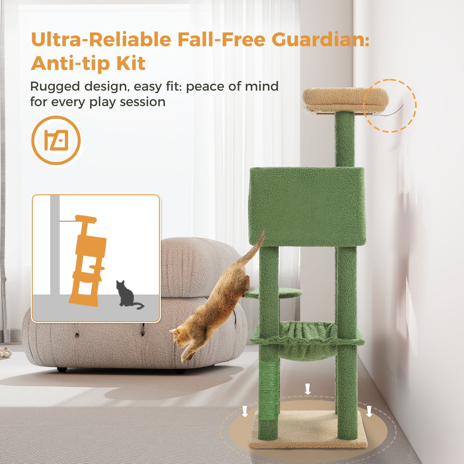 Pefilos 44" Cat Tree Tower for Indoor Cats, 5-Level Cat Condo with Large Hammock, Big Top Perch and 4 Sisal Covered Scratching Pos, Green