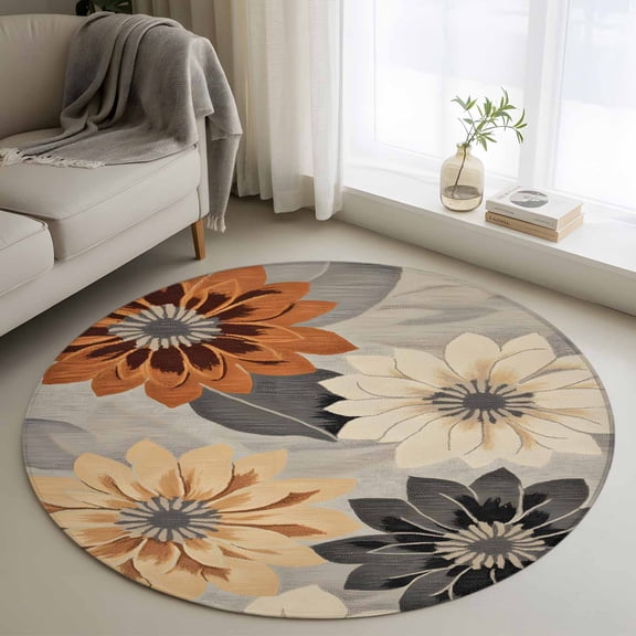 Burnt Orange Grey Black Flower Round Area Rug 3.3 FT, Non Slip Small Entryway Kitchen Mat, Spring Floral Botanical Washable Soft Circular Rug Non-Shedding Door Mat for Bathroom Playroom Kids Room