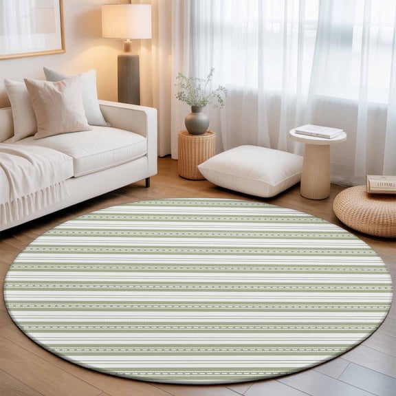 Round Area Rugs 3.3Ft, Boho Sage Green Stripe Non-Slip Washable Circle Rugs Carpet, Abstract Geometric White Minimalist Indoor Outdoor Rug Floor Mats Throw Runner for Bedroom Living Room Bathroom
