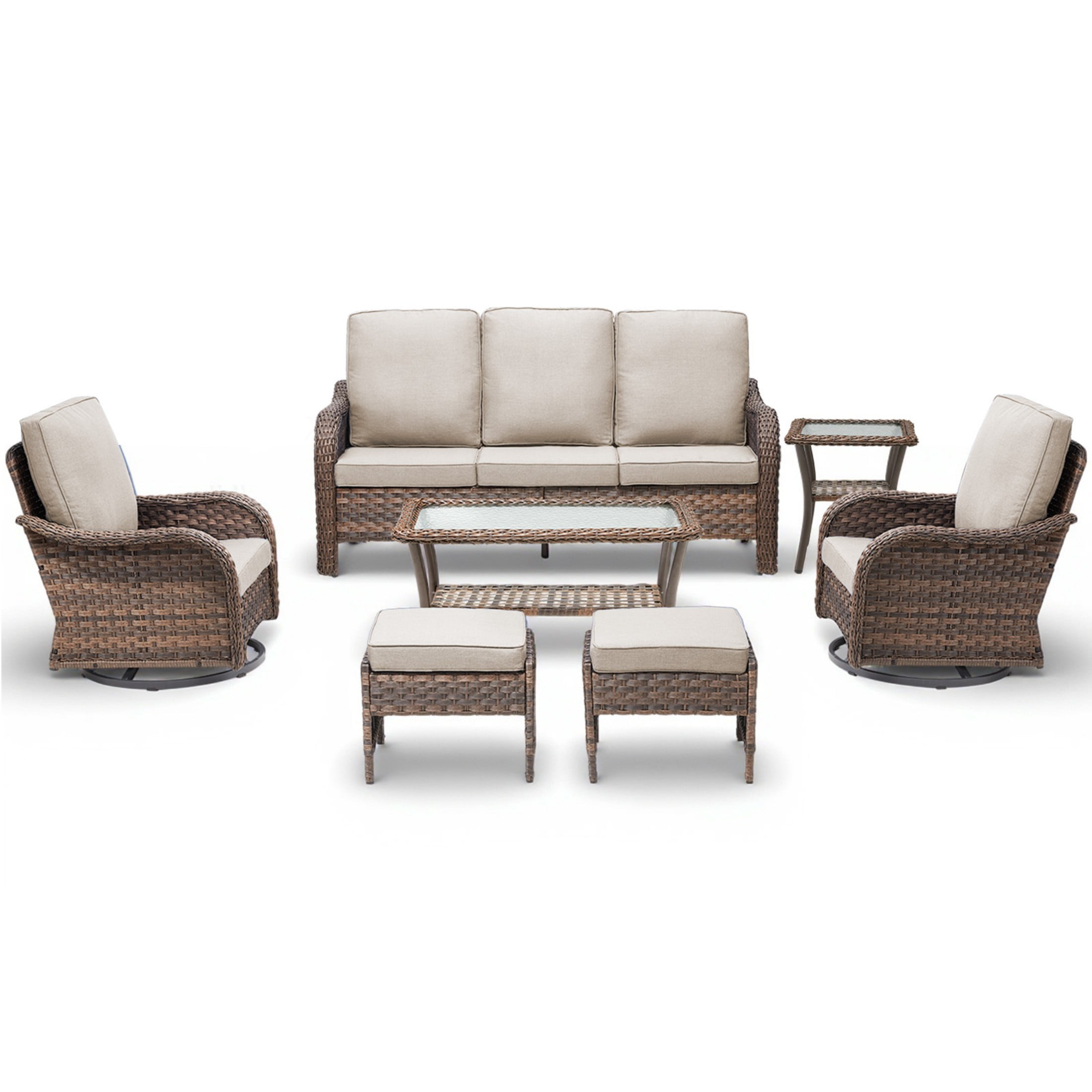 Unnifurnzi Outdoor Furniture-7 Pieces All Weather Wicker Patio Furniture Outdoor Swivel Chairs with Patio Couch Outdoor Patio Furniture Set for Porch Balcony Deck-Brown/Beige