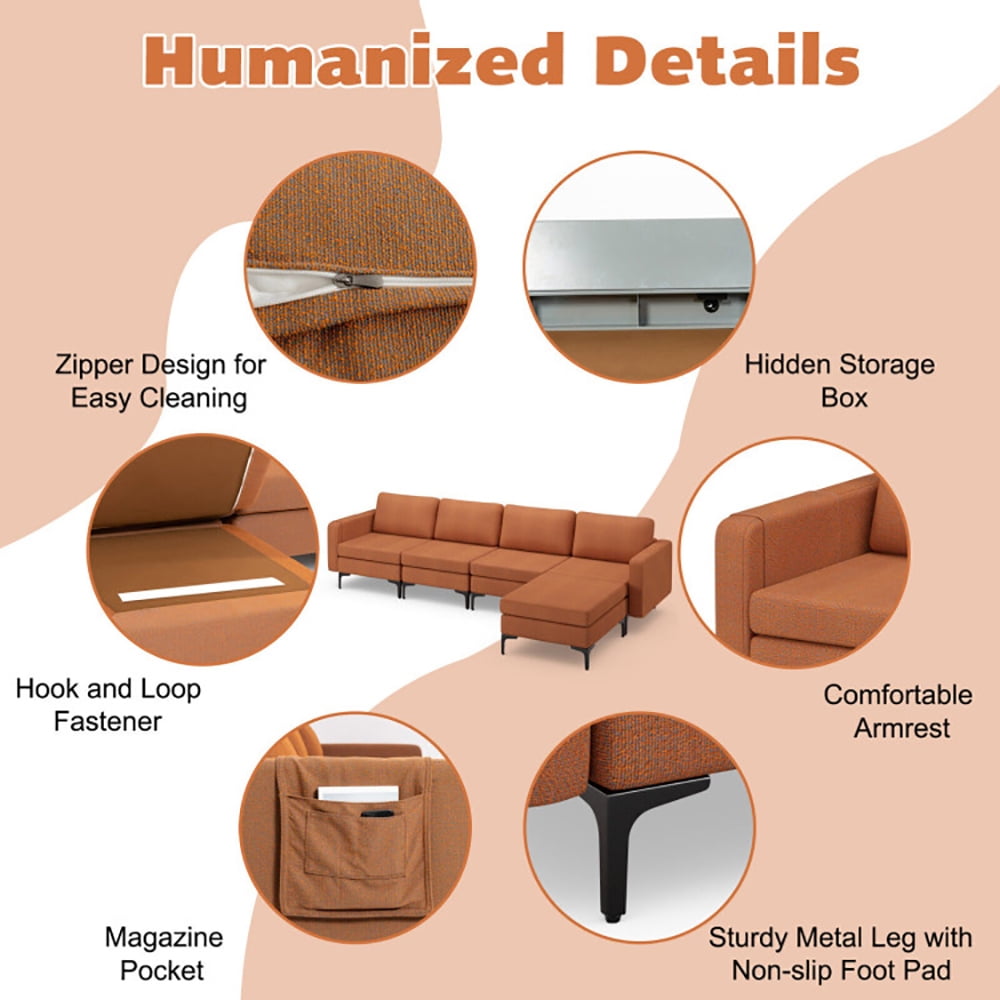 Finihen L-shaped Sectional Sofa Couch, Convertible Sectional Sofa, Modular L-shaped Sectional Sofa with Reversible Ottoman and 2 USB Ports, for Living Room, Orange Finihen L-shaped Sectional Sofa Couch, Convertible Sectional Sofa, Modular L-shaped Sectional Sofa with Reversible Ottoman and 2 USB Ports, for Living Room, Orange