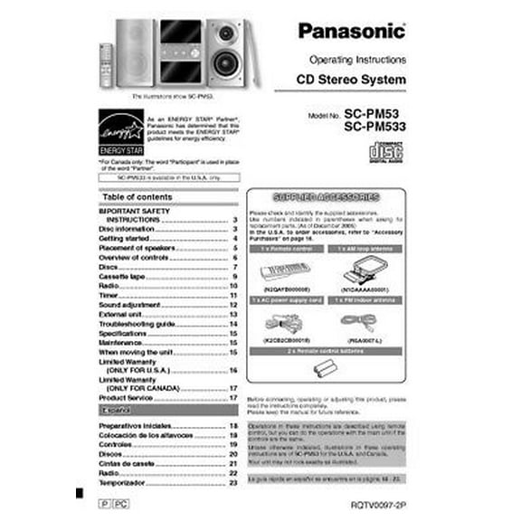 Panasonic SA-PM53 SA-PM533 CD Stereo System Owners Instruction Manual REPRINT