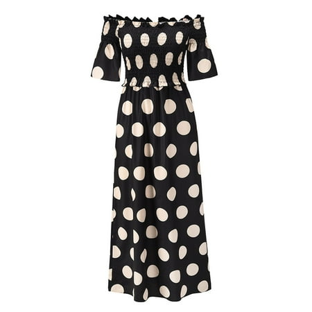 

Women Shoulder Bra Dress Slotted Neck Polka Dot Half Sleeve Chiffon Fabric Elastic Texture Polka Printed Skirt