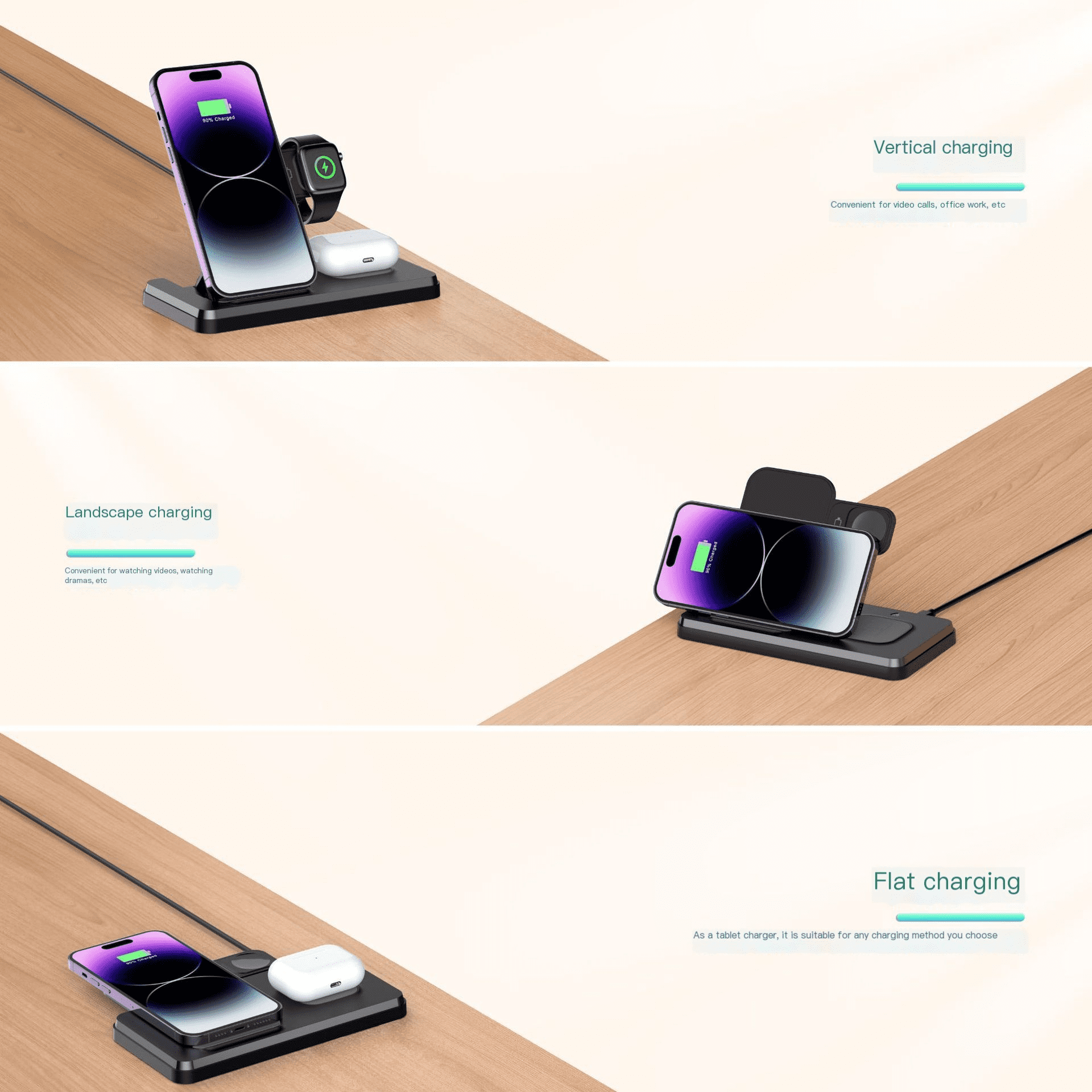 Wireless Charger Stand 3-in-1 Multiple Devices for Apple iPhone Watch Airpods