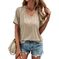 thumbnail image 3 of Liher Women Summer Tops V Neck Roll Short Sleeve Tshirts Loose Fit Tunic Blouse Casual Plain Solid Color Tee Shirts Apricot M, 3 of 6