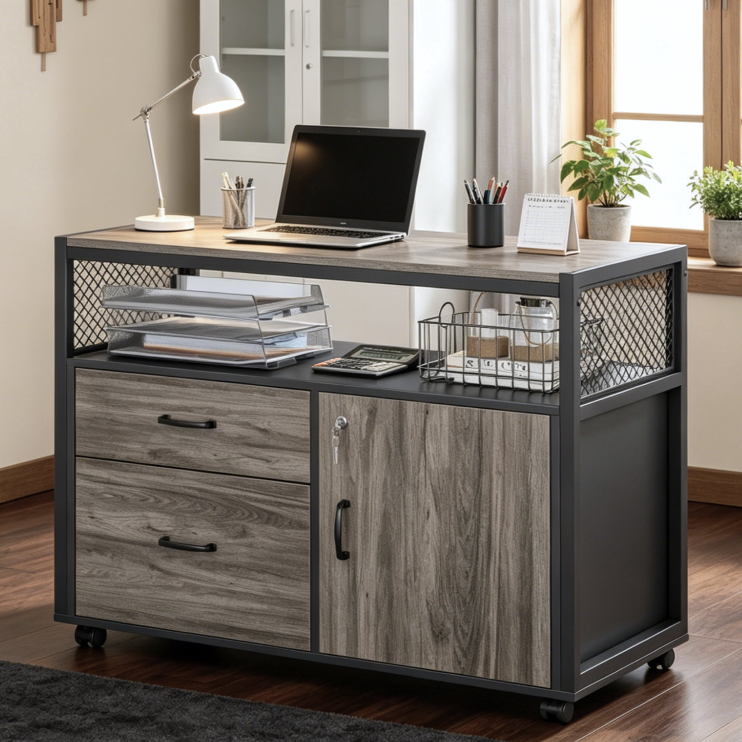 Fnova 55" Industrial Desk, 2-Piece Executive Desk Computer Desk Writing Desk with Rolling Filing Cabinet Set with Lockable Storage, Drawers for Home Office